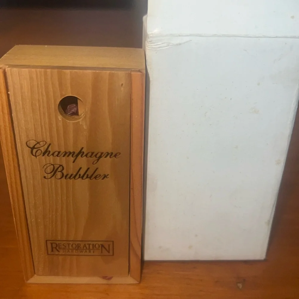 Restoration Hardware silver champagne bubbler in wooden crate-NIB-vintage 1990s